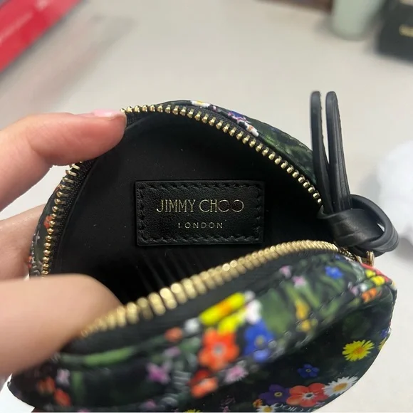 SALE!!! Jimmy Choo Satin silk floral logo coin pouch keychain wallet NEW